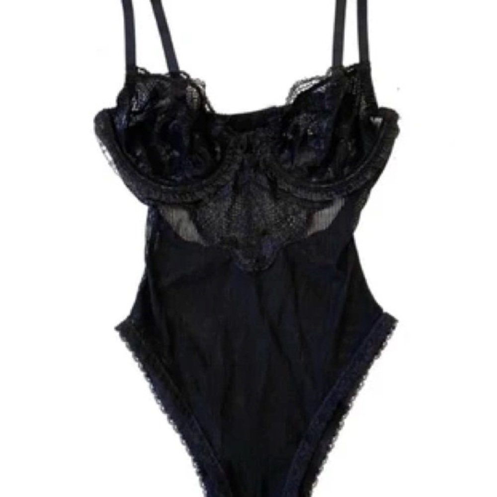 Black Lace Trim Ribbed Bodysuit